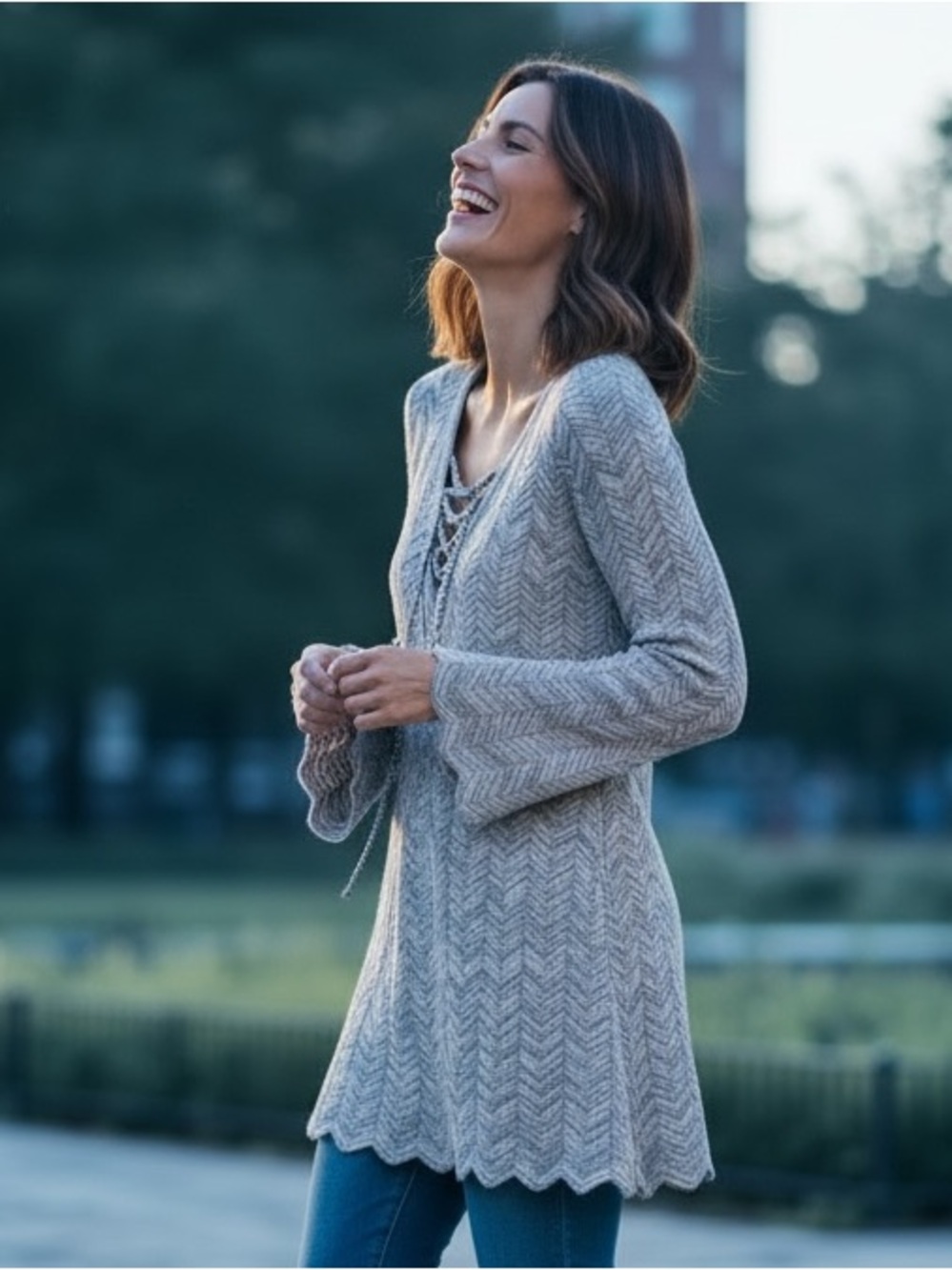 White House Black Market Lace-Up Chevron Knit Tunic -  Heather Gray